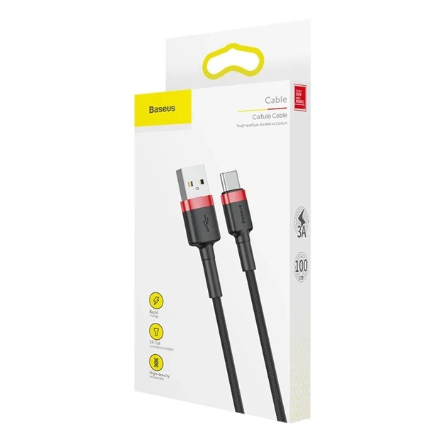 Кабель Baseus Cafule Cable USB For Type-C 3A 1m Red+Black CATKLF-B91 - изображение 5