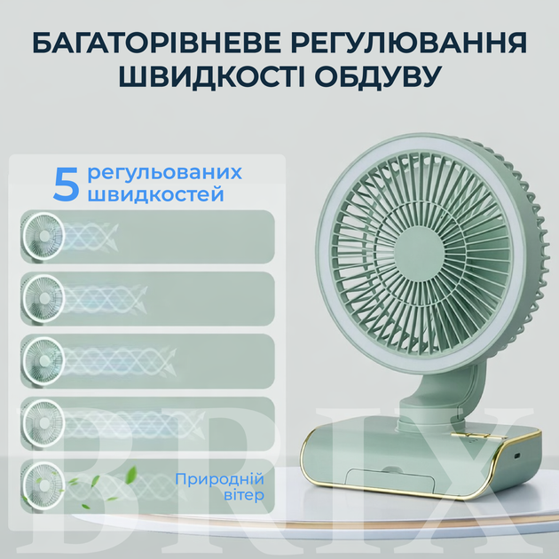 Вентилятор Зелений 3400 mAh 5W з пультом ДК LED-підсвіткою та автоповоротом - зображення 7