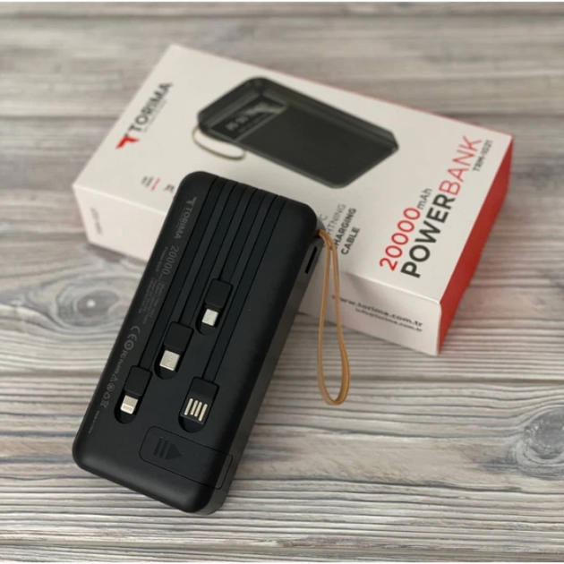 Зовнішній акумулятор Power bank TORIMA TRM-1021 20000 mAh із вбудованими кабелями Micro-USB/Type-C/Lightning iPhone/USB Чорний - зображення 17