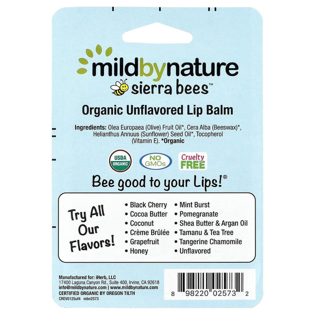 Бальзамы для губ Mild By Nature, Sierra Bees "Organic Lip Balms" без ароматизаторов (4 шт) - изображение 3