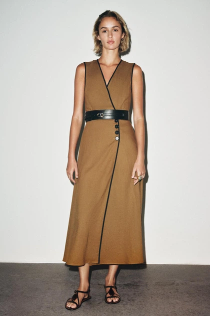 Лляна сукня-міді з поясом Zara 8651/379 S Коричнева (08651379745S) - зображення 7