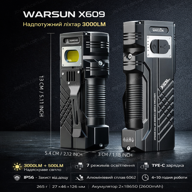 Warsun X609 3000LM Потужний LED ліхтар | Перезаряджуваний, з функцією Power Bank, для кемпінгу - Фото 8 Warsun X609 3000LM Потужний LED ліхтар | Перезаряджуваний, з функцією Power Bank, для кемпінгу - зображення 8