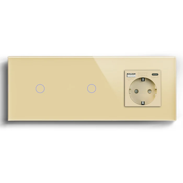 Сенсорний вимикач 2 сенсори (1-1) з розеткою з USB A+C 20Вт, із заземленням, шторки, LUXION золото скло - Фото 1 Сенсорний вимикач 2 сенсори (1-1) з розеткою з USB A+C 20Вт, із заземленням, шторки, LUXION золото скло - зображення 1