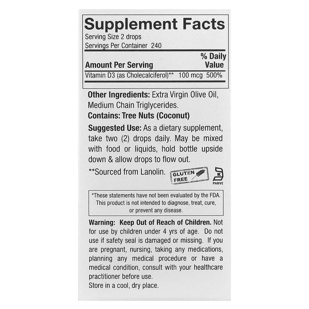 Жидкий витамин D3, Nature's Answer "Vitamin D-3 Drops" холекальциферол, 4000 МЕ (15 мл) - изображение 2
