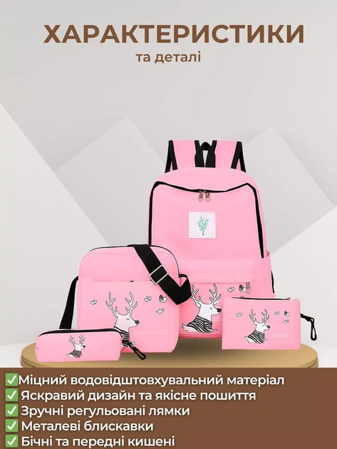 Набір сумок 4в1. Рюкзак, сумка, косметичка, рожевий пенал - Фото 5 Набір сумок 4в1. Рюкзак, сумка, косметичка, рожевий пенал - зображення 5