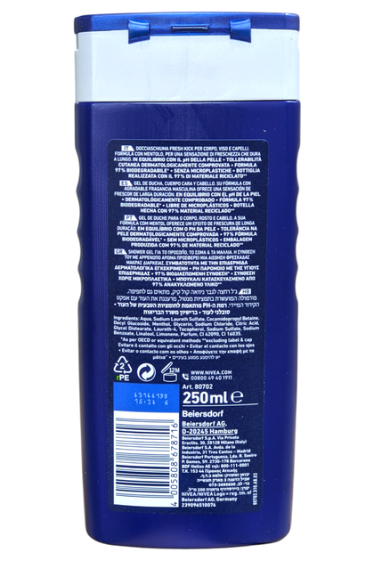 Гель для душу 3в1 для тіла волосся та обличчя чоловічий NIVEA men ds freshkick ml250 - Фото 2 Гель для душу 3в1 для тіла волосся та обличчя чоловічий NIVEA men ds freshkick ml250 - зображення 2