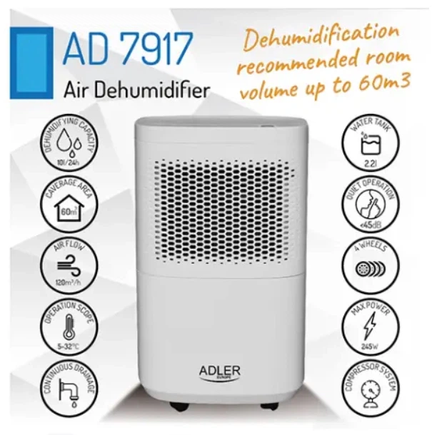 Осушитель воздуха Adler AD 7917, 245 Вт, с угольным фильтром, для дома, квартиры и подвала - изображение 5