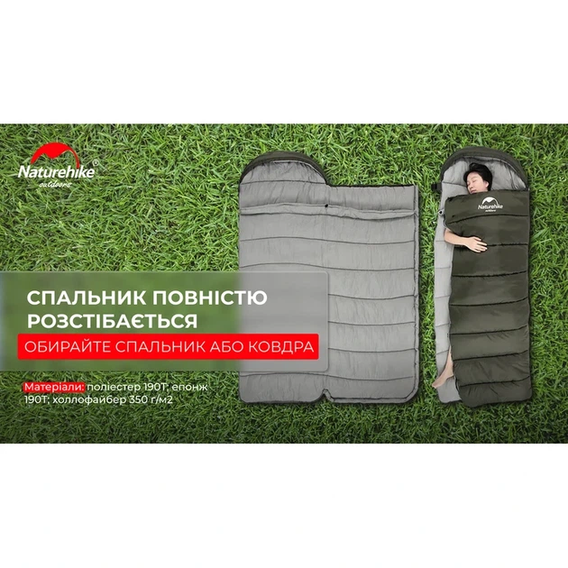 Спальник з капюшоном Naturehike U350 NH20MSD07, (1°C), правий, зелений - изображение 14