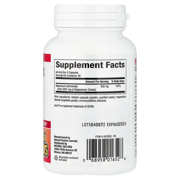Цитрат магнію Natural Factors "Magnesium Citrate" 150 мг (90 капсул) - зображення 2