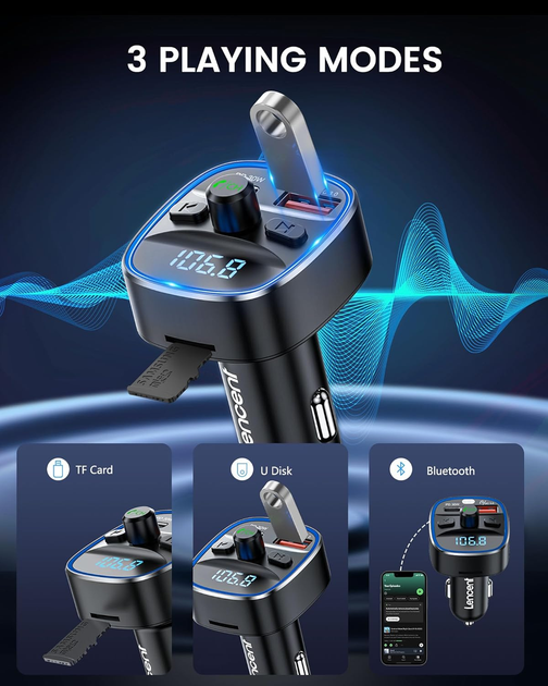 FM передатчик для авто LENCENT T25M C3 Bluetooth 5.4 48W PD 30W QC3.0 18W 7 цветов подсветка hands-free USB TF (T25M-C3) - изображение 4