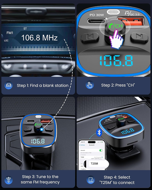 FM передатчик для авто LENCENT T25M C3 Bluetooth 5.4 48W PD 30W QC3.0 18W 7 цветов подсветка hands-free USB TF (T25M-C3) - изображение 8