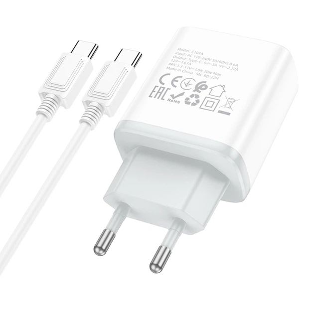 Сетевое зарядное устройство Hoco C104A Type-C PD 20W белое + кабель Type-C to Type-C - изображение 6