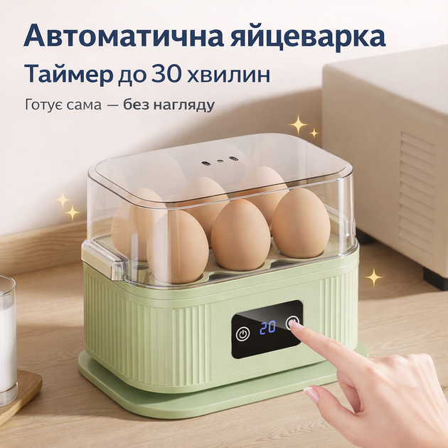 Електрична автоматична яйцеварка на 6 яєць з таймером та функцією приготування на парі, 220V, 200 Вт - зображення 4