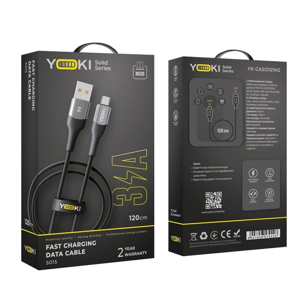 Кабель для зарядки и обмена данными USB YOKI YK-SO15 SOLID Series USB/МicroUSB 60W (3A/20V), 1.2 метра, Черный - Фото 8 Кабель для зарядки и обмена данными USB YOKI YK-SO15 SOLID Series USB/МicroUSB 60W (3A/20V), 1.2 метра, Черный - изображение 8