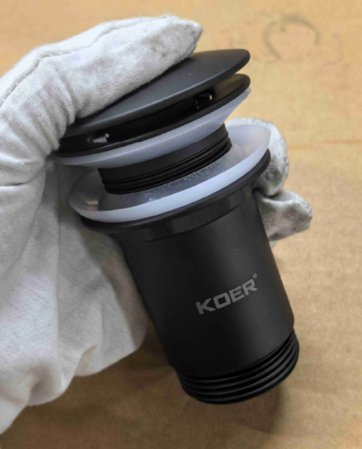 Донный клапан для раковины Koer PW-08-05 1 1/4'' без перелива автоматический СLICK-СLACK (Цвет черн - Фото 5 Донный клапан для раковины Koer PW-08-05 1 1/4'' без перелива автоматический СLICK-СLACK (Цвет черн - изображение 5