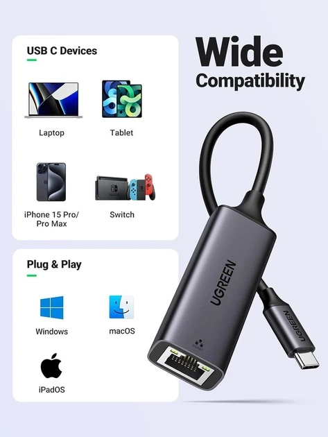 Адаптер UGREEN USB-C на Ethernet Gigabit (1000 Мбіт/с) - Фото 8 Адаптер UGREEN USB-C на Ethernet Gigabit (1000 Мбіт/с) - изображение 8
