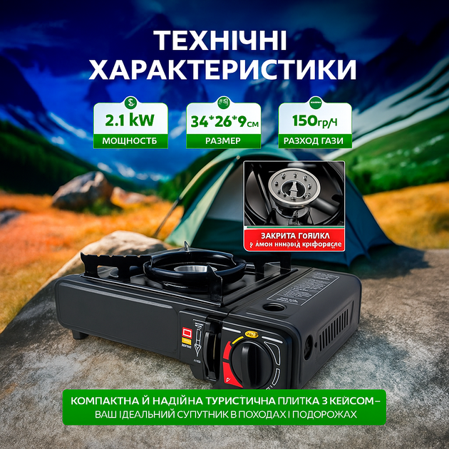 Туристична газова плита для походу портативна з п'єзопідпалом з пластиковим кейсом Happy Home BDZ-155-A - Фото 3 Туристична газова плита для походу портативна з п'єзопідпалом з пластиковим кейсом Happy Home BDZ-155-A - зображення 3