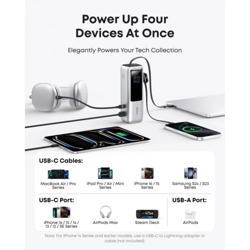 Батарея універсальна Anker 25000mAh, 165W, PD/3/0, QC/3/0, Built-In Double USB-C Cables, silver (A1695H41) ANKER A1695H41 971686 - зображення 6