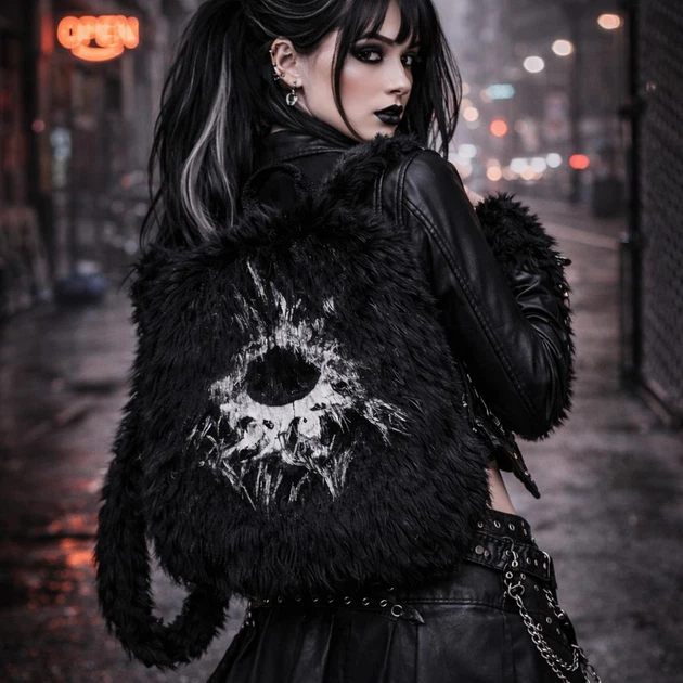 Рюкзак из эко-меха чёрный с графическим принтом, стиль darkcore, ONE SIZE (10823) - Фото 2 Рюкзак из эко-меха чёрный с графическим принтом, стиль darkcore, ONE SIZE (10823) - изображение 2
