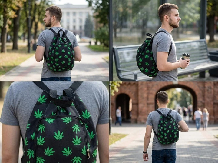 Компактный складной рюкзак в чехле (20х12 см), Коттон 100%, черный с листьями - изображение 4
