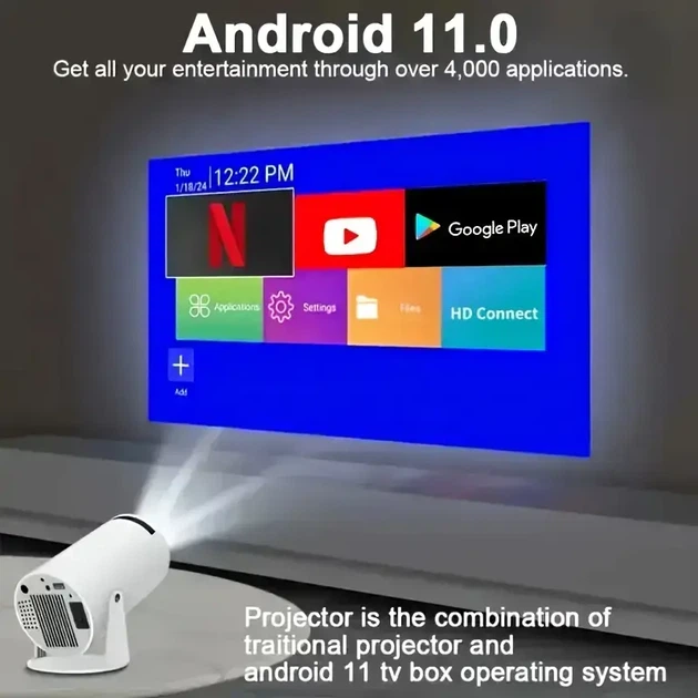 Смарт-проєктор Android 11, Wi-Fi, 720p HD з підтримкою 4K UHD — домашній кінотеатр - Фото 2 Смарт-проєктор Android 11, Wi-Fi, 720p HD з підтримкою 4K UHD — домашній кінотеатр - зображення 2