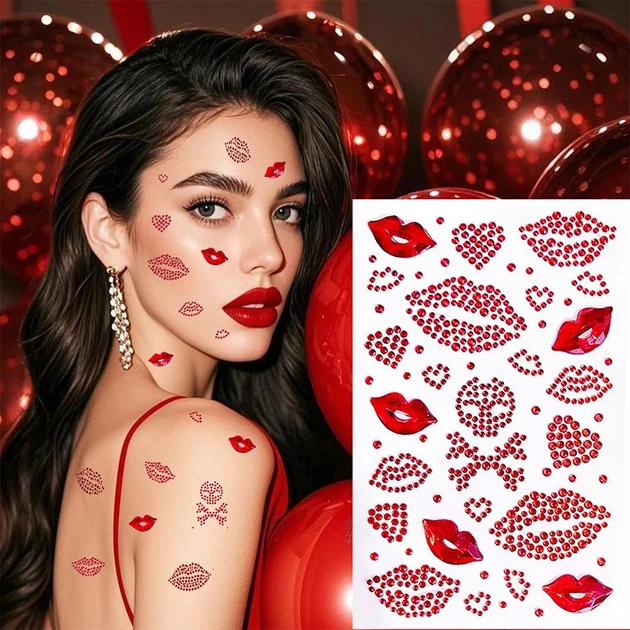 Самоклеючі 3D-стрази Губи Love для макіяжу обличчя та тіла 1 лист, Червоний - зображення 3