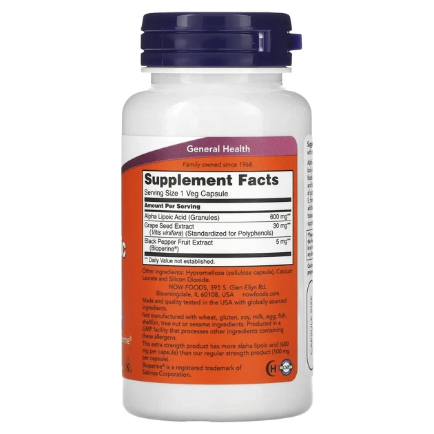Альфа-ліпоєва кислота Now Foods (Alpha-lipoic acid) 600 мг 60 капсул (NOW-03046) - изображение 2