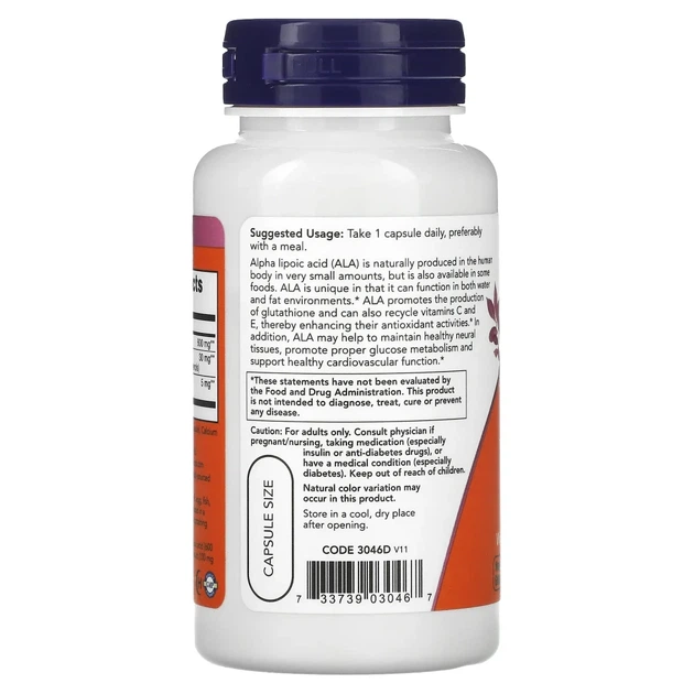 Альфа-ліпоєва кислота Now Foods (Alpha-lipoic acid) 600 мг 60 капсул (NOW-03046) - изображение 3