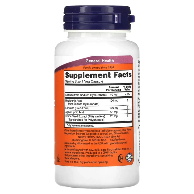 NOW Foods, гіалуронова кислота, подвійна сила, 100 мг, 60 веганських капсул (NOW-03155) - зображення 2