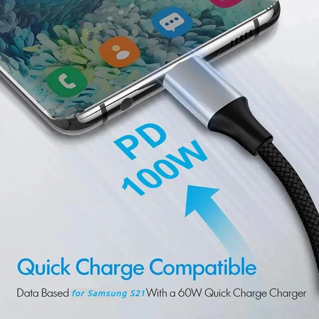 Кабель Type-C USB 3.0 100W (5A) Fast Charging 2м – Нейлоновий кабель для зарядки та передачі даних Stone ST-UB316 2м - зображення 3
