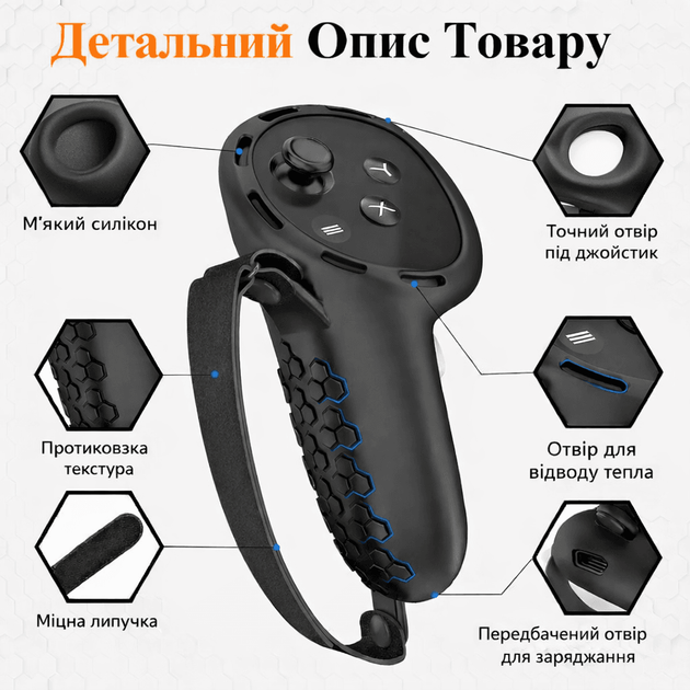 Защитные чехлы для контроллеров Meta Quest 3, 3S c ремешками CovPro1, силиконовые 2шт Черные - изображение 3