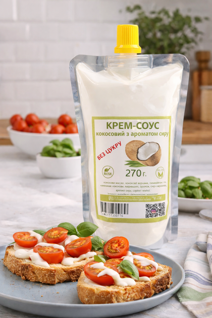 Кокосово-сырный крем-соус веганский на кокосовом молоке, без сахара, 270 г - Фото 1 Кокосово-сырный крем-соус веганский на кокосовом молоке, без сахара, 270 г - изображение 1