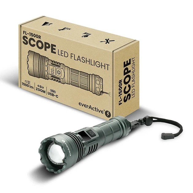Фонарик ручной everActive FL-1500R "Scope", SMD LED 1500Lm, 25W, 26650/5000mAh, фокус, IPX4, USB-C, LED дисплей, магнит, PowerBank, 5 режимов, Box - изображение 9