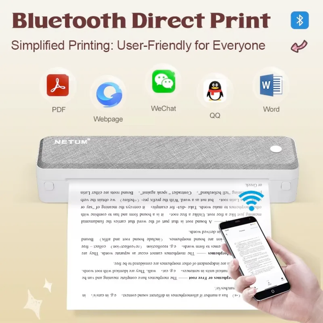 Портативний Bluetooth термопринтер A4 NETUM LT-P20 203 dpi + 2 рулони термо паперу + 5 листів паперу для трансферу тату - зображення 4