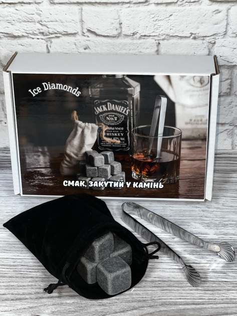 Подарунковий набір каменів для віскі Ice Diamonds Deluxe 12 шт з щипцями та мішечком у подарунковій коробці - изображение 3