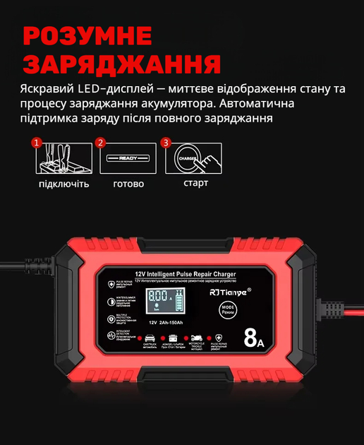 Умное зарядное устройство RJ Tianye 12V 8A для свинцово-кислотных и LiFePO4 аккумуляторов с функцией восстановления (оранжевый) - изображение 3
