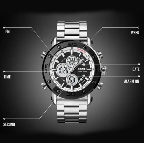Мужские часы SKMEI 1636SIWT электронные стрелочно электронные хронограф 30 м Silver - изображение 3