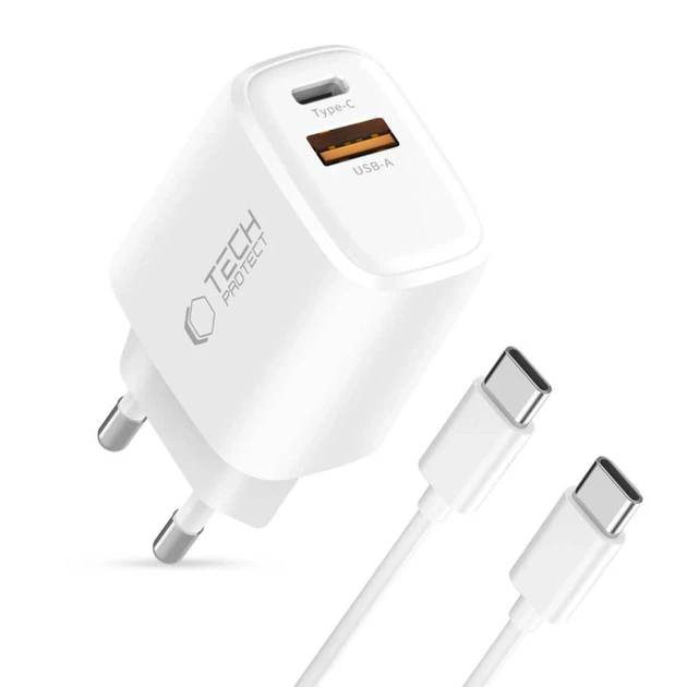 Мережевий зарядний пристрій Tech-Protect NCA20 QC/PD 20W USB-C | USB-A with USB-C to USB-C Cable White (5906302330553) - зображення 2