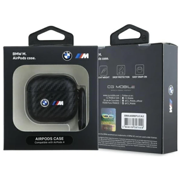 Чехол для наушников BMW Carbon Double Metal Logo для AirPods 4 Black (BMA4WMPUCA2) - изображение 3