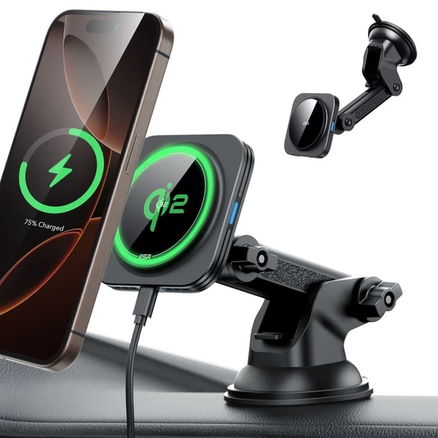 Автодержатель с функцией беспроводной зарядки ESR Magnetic Dashboard Car Mount Wireless Charger Qi2 15W Black with MagSafe (4894240210963) - изображение 3