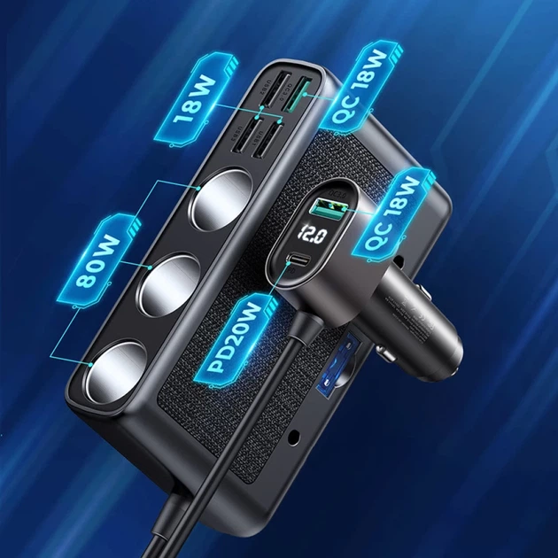 Автомобильное зарядное устройство Joyroom 9-in-1 5x USB-A/USB-C/3x Cigarette Lighter Socket 154W Black (JR-CL06) - изображение 2
