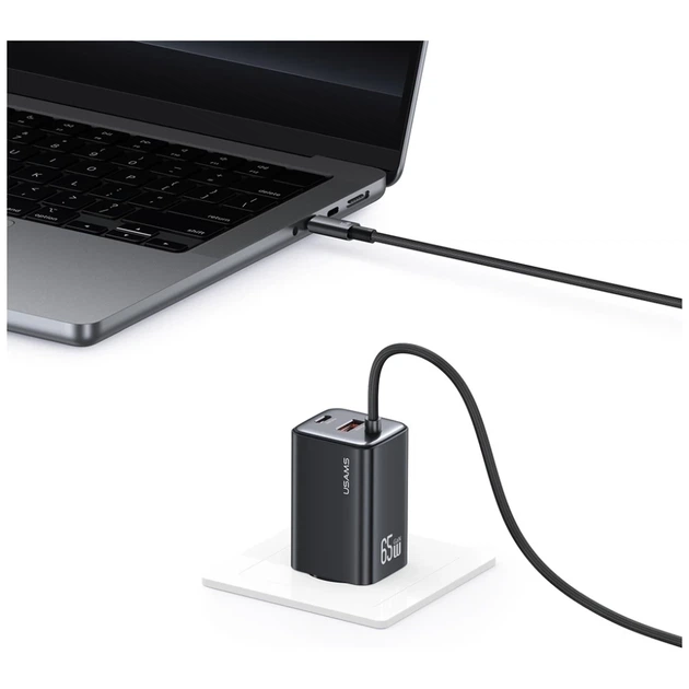 Сетевое зарядное устройство Usams JC Series PD/QC 65W USB-C | USB-A with Built-In USB-C Cable Black (CC266TC01) - Фото 4 Сетевое зарядное устройство Usams JC Series PD/QC 65W USB-C | USB-A with Built-In USB-C Cable Black (CC266TC01) - изображение 4