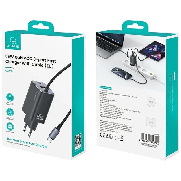 Сетевое зарядное устройство Usams JC Series PD/QC 65W USB-C | USB-A with Built-In USB-C Cable Black (CC266TC01) - Фото 9 Сетевое зарядное устройство Usams JC Series PD/QC 65W USB-C | USB-A with Built-In USB-C Cable Black (CC266TC01) - изображение 9