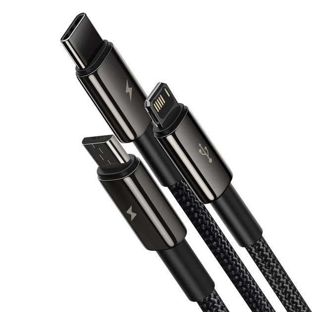 Кабель Baseus Tungsten 3-in-1 USB-A to USB-C/Lightning/Micro-USB 1.5m Black (CAMLTWJ-01) - Фото 2 Кабель Baseus Tungsten 3-in-1 USB-A to USB-C/Lightning/Micro-USB 1.5m Black (CAMLTWJ-01) - изображение 2