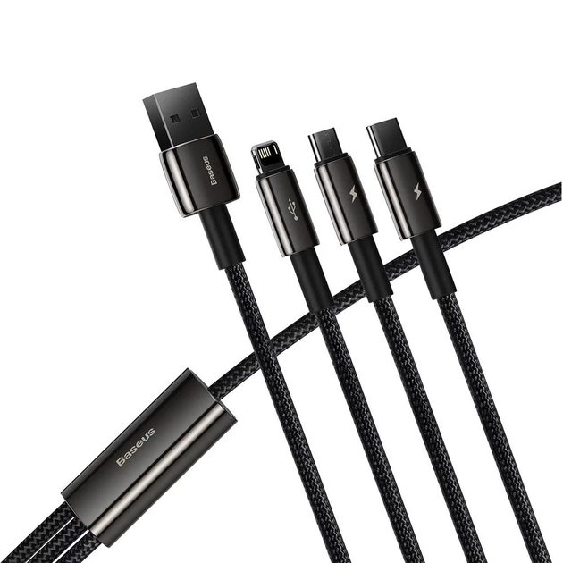Кабель Baseus Tungsten 3-in-1 USB-A to USB-C/Lightning/Micro-USB 1.5m Black (CAMLTWJ-01) - Фото 4 Кабель Baseus Tungsten 3-in-1 USB-A to USB-C/Lightning/Micro-USB 1.5m Black (CAMLTWJ-01) - изображение 4