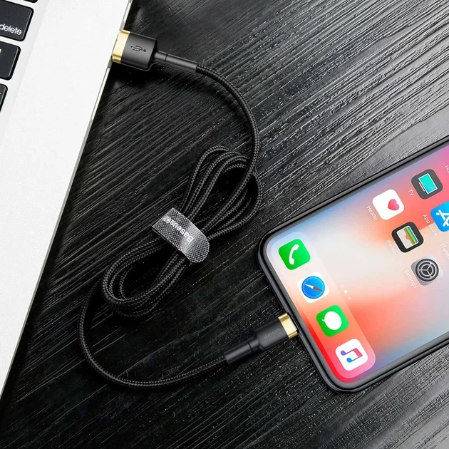 Кабель Baseus Kevlar Cable USB for Lightning 1.5A 2M Gold+Black (CALKLF-CV1) - Фото 8 Кабель Baseus Kevlar Cable USB for Lightning 1.5A 2M Gold+Black (CALKLF-CV1) - зображення 8