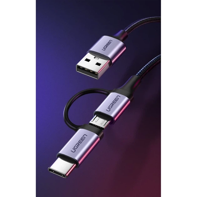 Кабель Ugreen 2-in-1 USB-A/micro USB/USB Type-C 2.4A 1m Black (UGR243BLKGRY) - зображення 2
