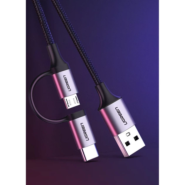 Кабель Ugreen 2-in-1 USB-A/micro USB/USB Type-C 2.4A 1m Black (UGR243BLKGRY) - зображення 10