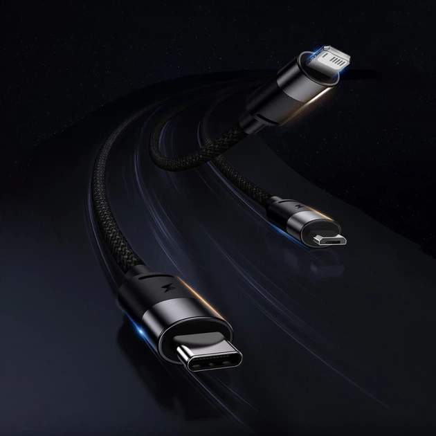 Кабель Baseus StarSpeed 3-in-1 USB-A to USB-C/Lightning/microUSB 1.2 m Black (CAXS000001) - Фото 12 Кабель Baseus StarSpeed 3-in-1 USB-A to USB-C/Lightning/microUSB 1.2 m Black (CAXS000001) - изображение 12