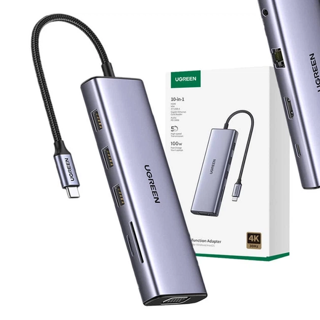 USB-хаб Ugreen CM498 10-in-1 USB-C to 3xUSB-A/USB-C/HDMI/VGA/RJ45/AUX 3.5mm/SD/TF Silver (15601) - Фото 1 USB-хаб Ugreen CM498 10-in-1 USB-C to 3xUSB-A/USB-C/HDMI/VGA/RJ45/AUX 3.5mm/SD/TF Silver (15601) - зображення 1